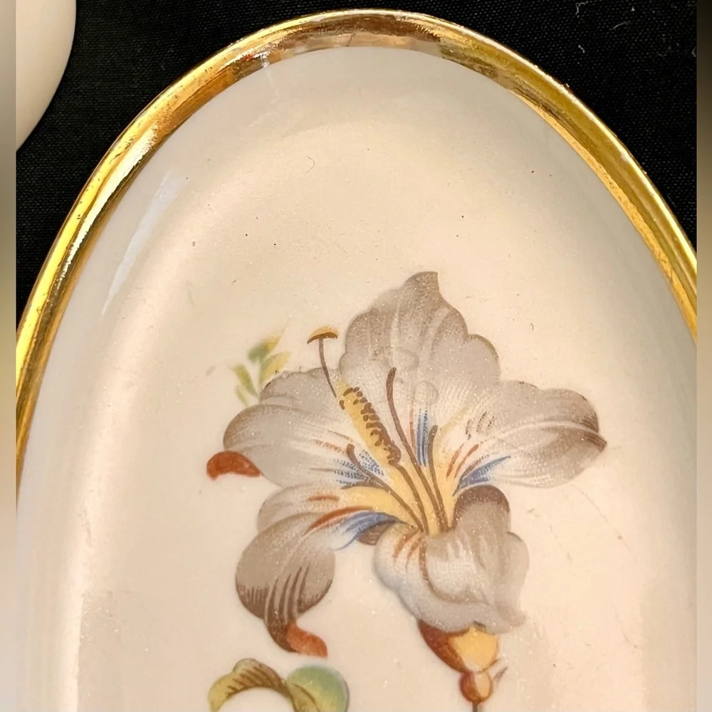 VTG Danmark Porcelain Denmark Oval Trinket Dishes Gold Rim Hand Painted Floral 2